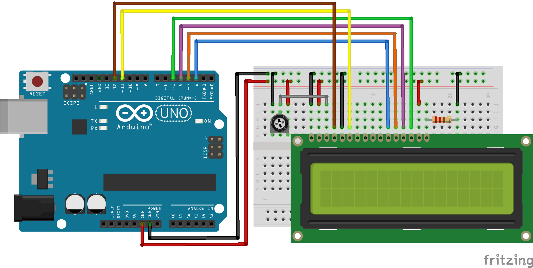 [Interfacing 16x2 LCD with Arduino](https://circuitdigest.com/microcontroller-projects/interfacing-16x2-lcd-with-arduino) — wiring diagram